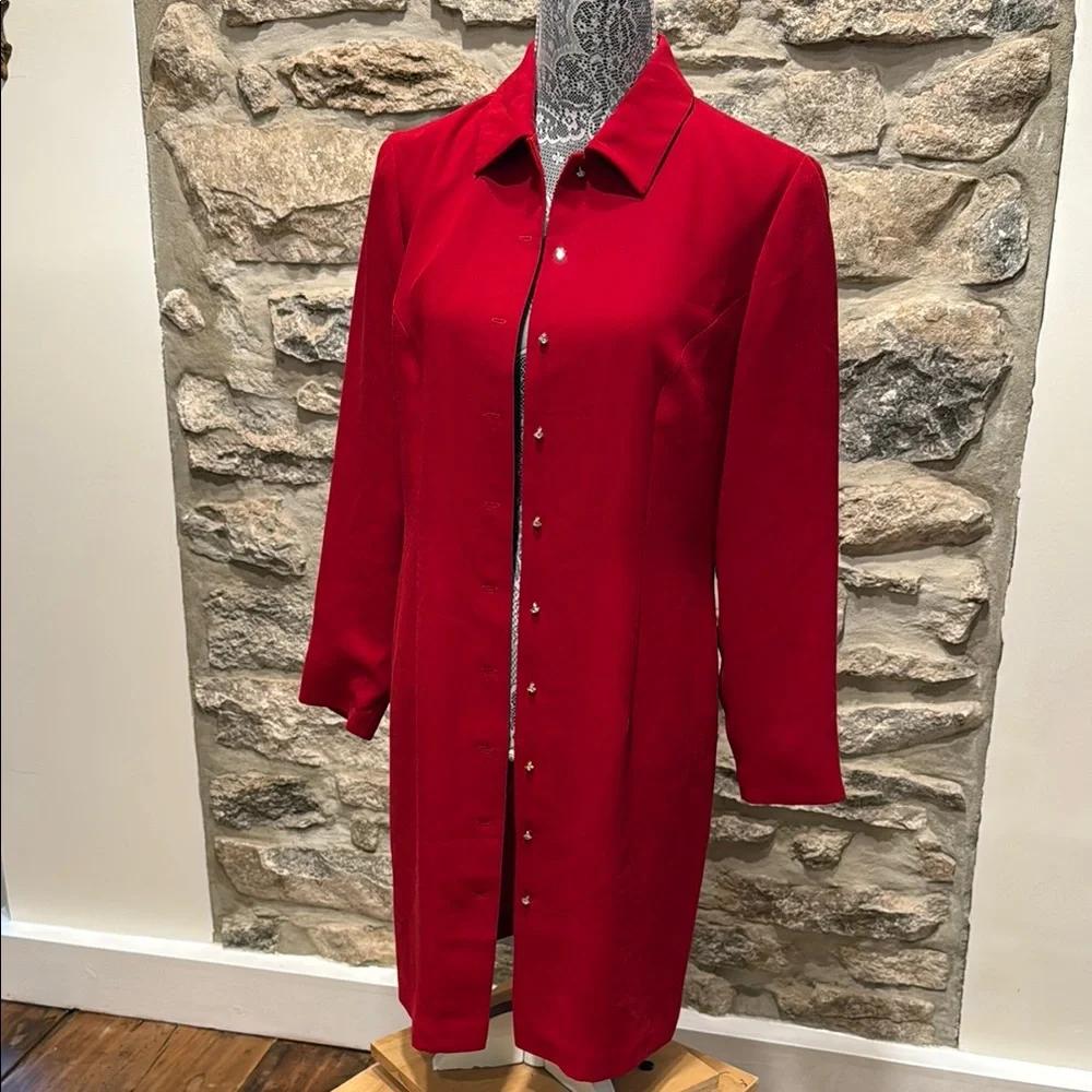 Elegant Red Women's Long Lined Rhinestone Front Buttoned Jacket - Picture 1 of 10